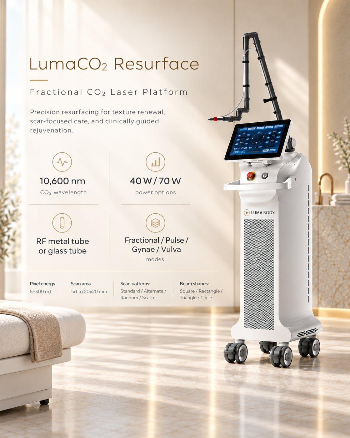 LumaCO2 Resurface specs - 10,600nm, 40W or 70W, RF metal or glass tube, fractional, pulse and gynae modes