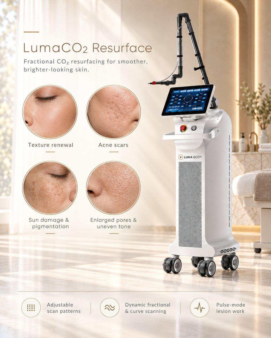 LumaCO2 Resurface treatment indications - texture renewal, acne scars, sun damage and enlarged pores