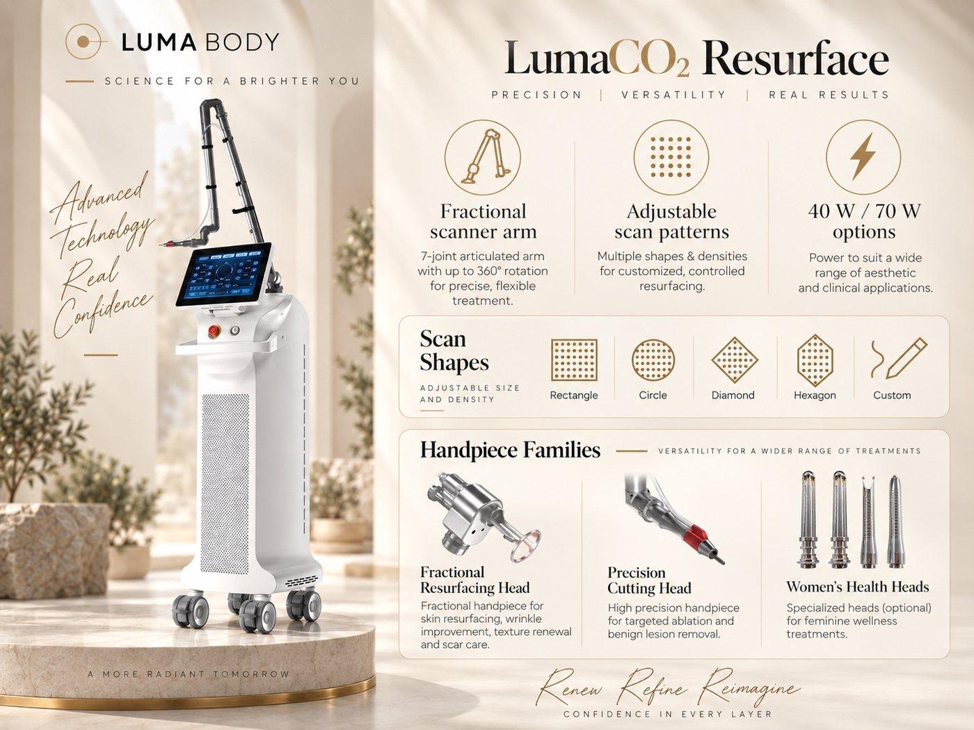 LumaCO2 Resurface scan shapes and handpiece families - fractional, cutting and gynae heads