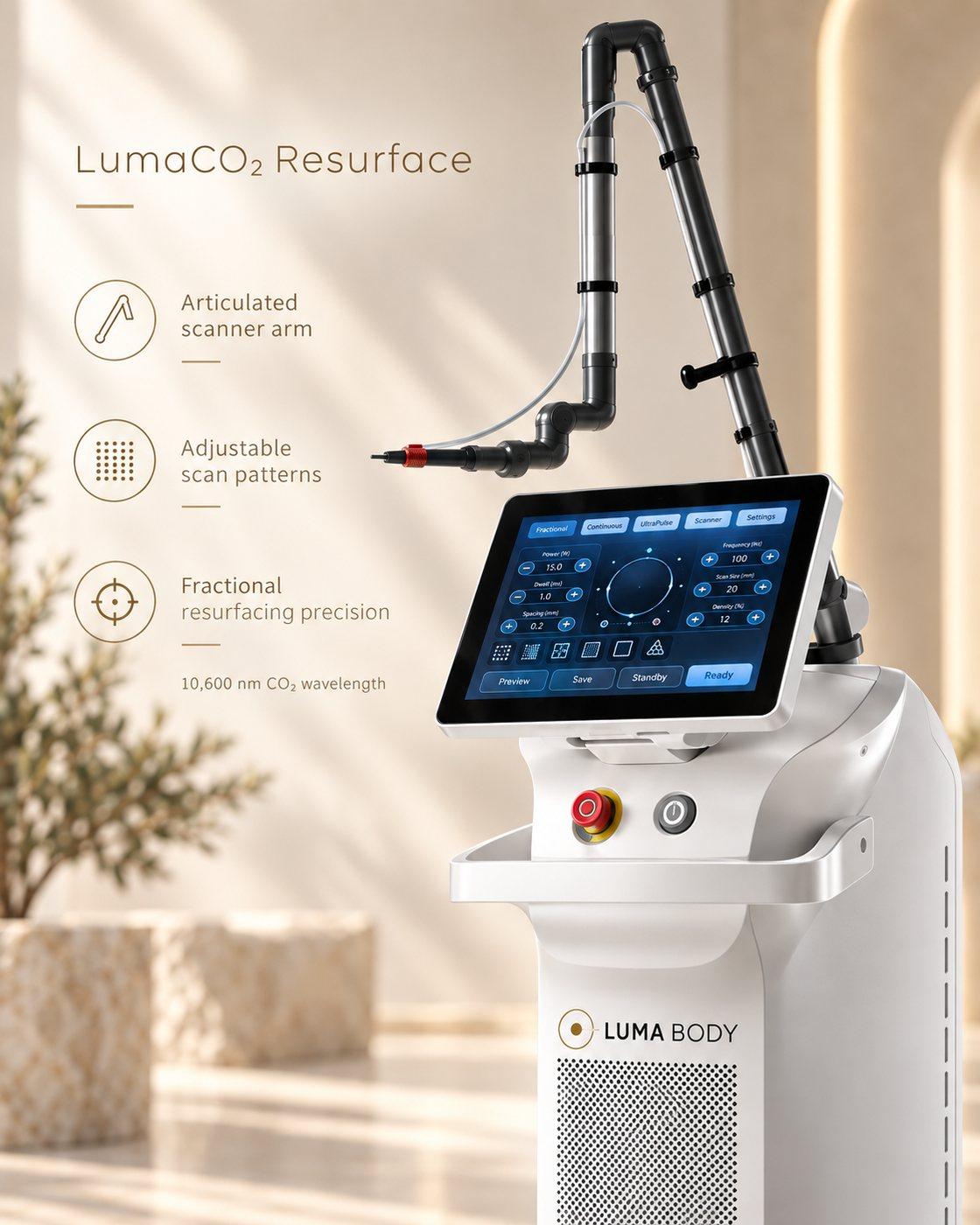 LumaCO2 Resurface articulated scanner arm and touchscreen console close-up