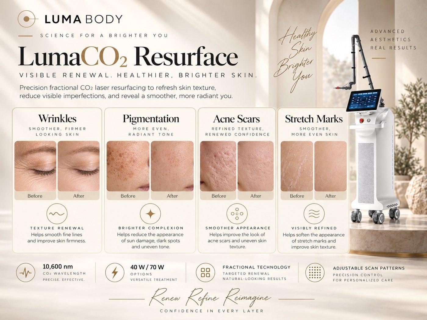 LumaCO2 Resurface illustrative before and after - wrinkles, pigmentation, acne scars and stretch marks