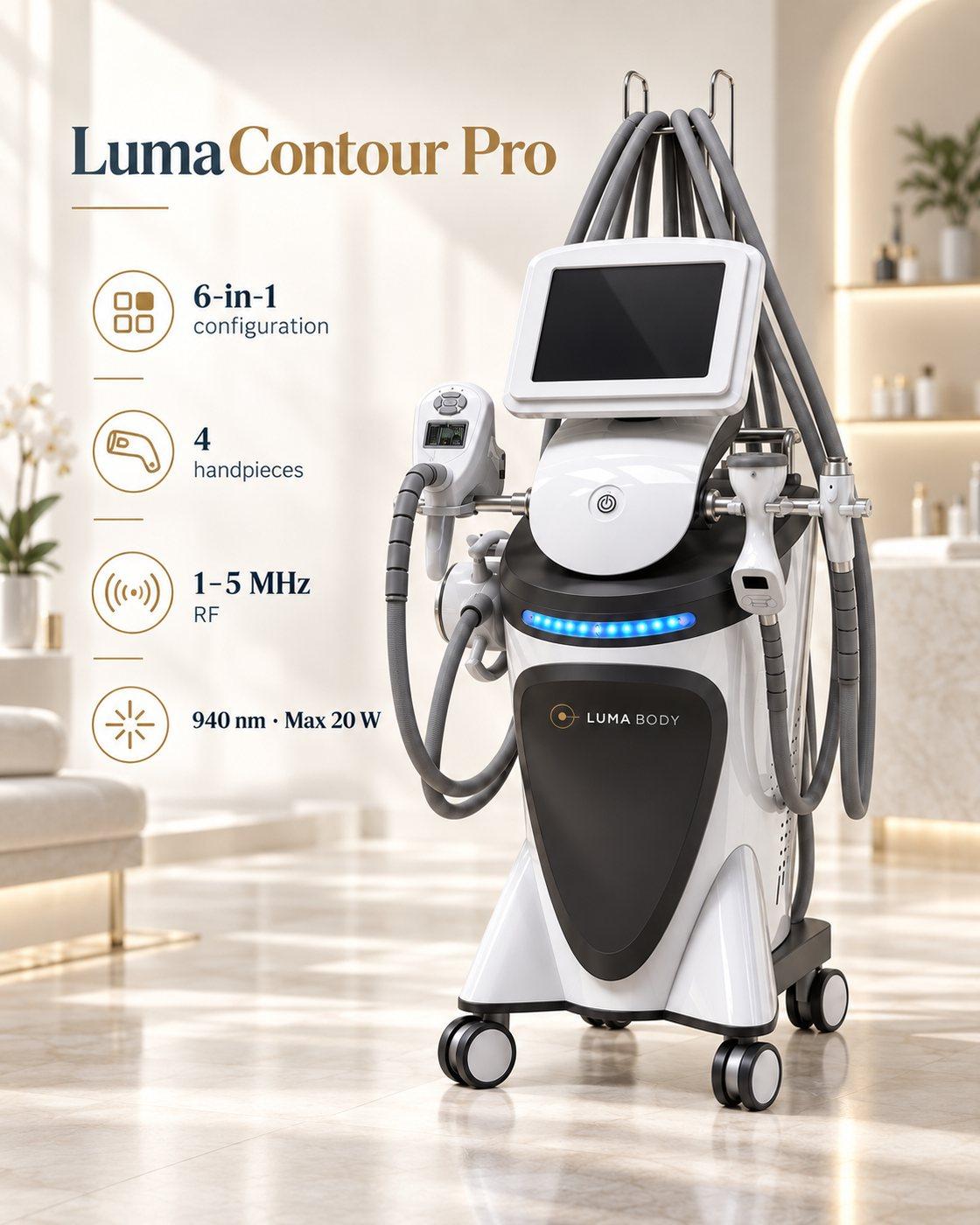LumaContour Pro specs - 6-in-1 configuration, four handpieces, 1-5 MHz RF and 940nm laser at 20W