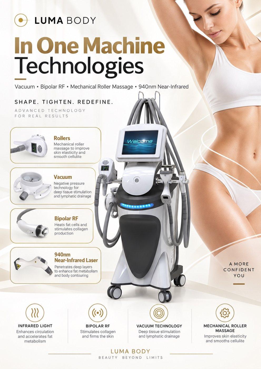 LumaContour Pro four technologies - mechanical roller massage, vacuum, bipolar RF and 940nm near-infrared laser