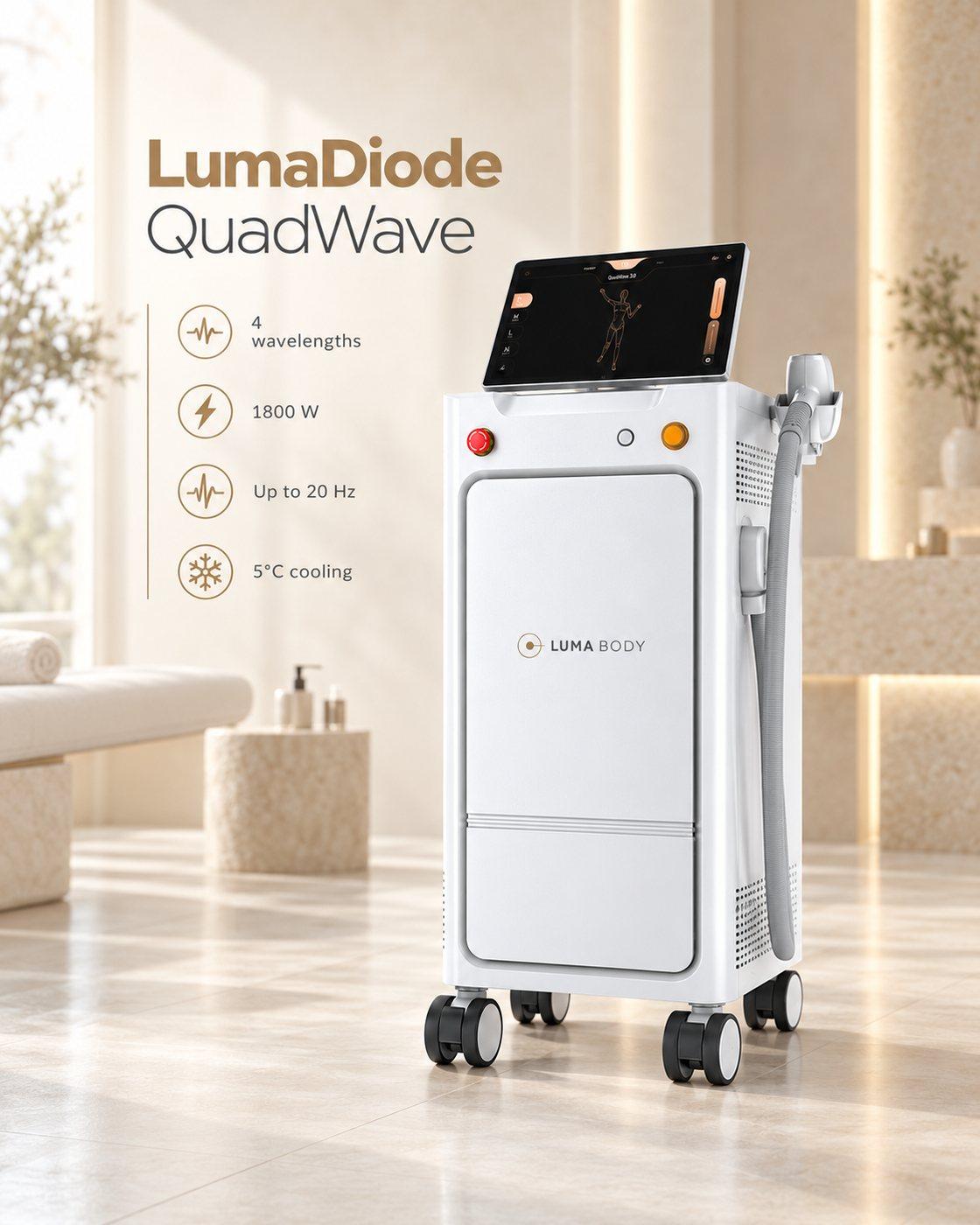 LumaDiode QuadWave key specs - four wavelengths, 1800W laser power, up to 20 Hz and 5C contact cooling