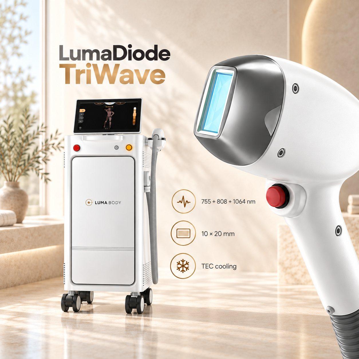 LumaDiode TriWave handpiece with 755, 808 and 1064nm wavelengths, 10x20mm window and TEC cooling