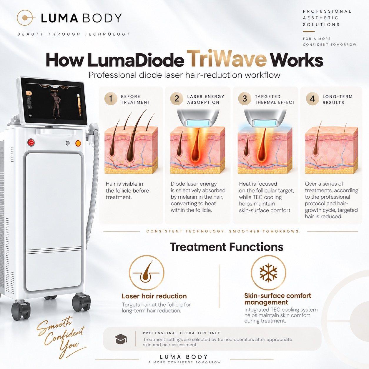 How LumaDiode TriWave works - professional diode laser hair reduction workflow from follicle heating to long-term results