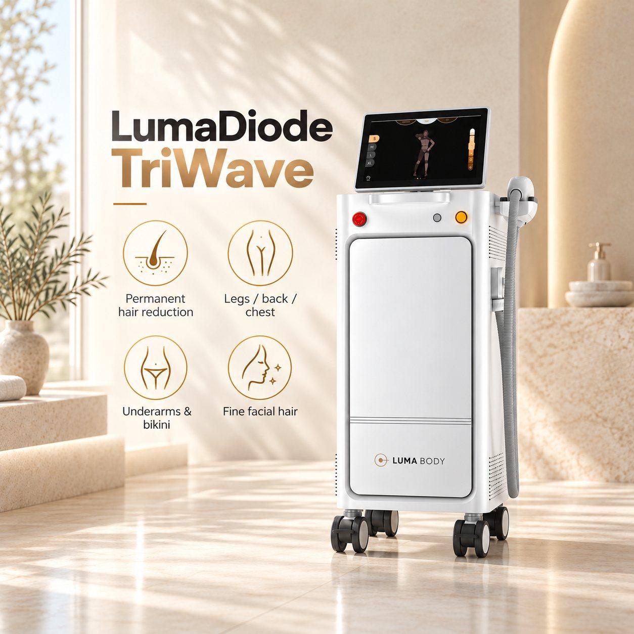 LumaDiode TriWave treatment areas - permanent hair reduction on legs, back, chest, underarms, bikini and fine facial hair