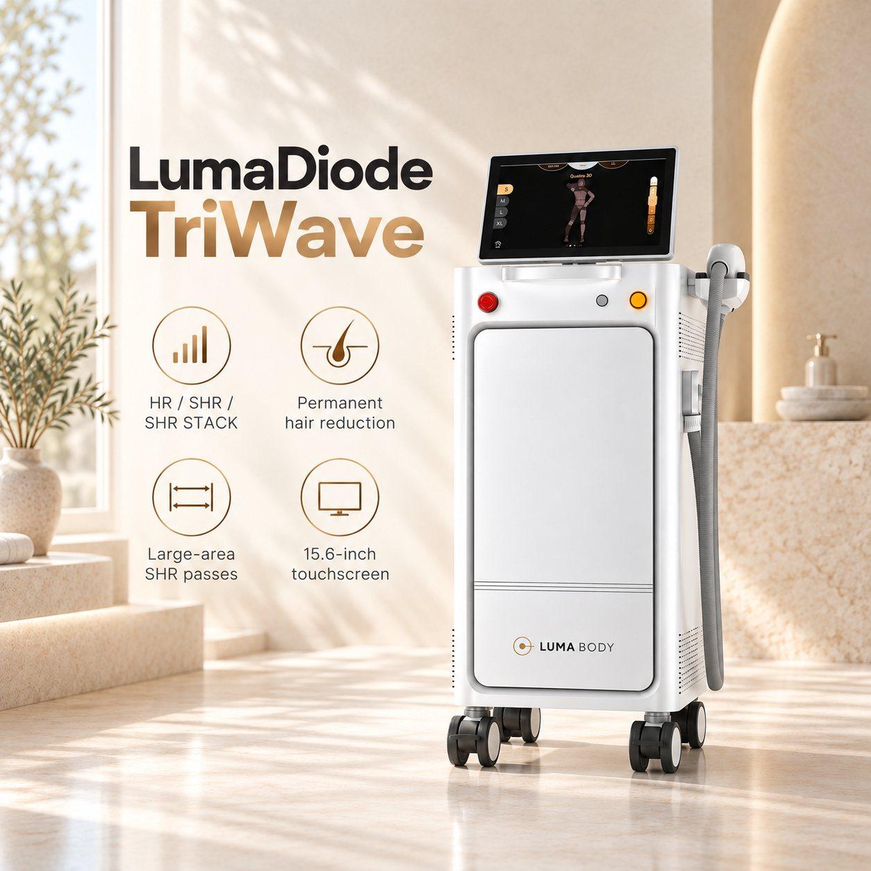 LumaDiode TriWave HR, SHR and SHR STACK modes with a 15.6-inch touchscreen for large-area passes