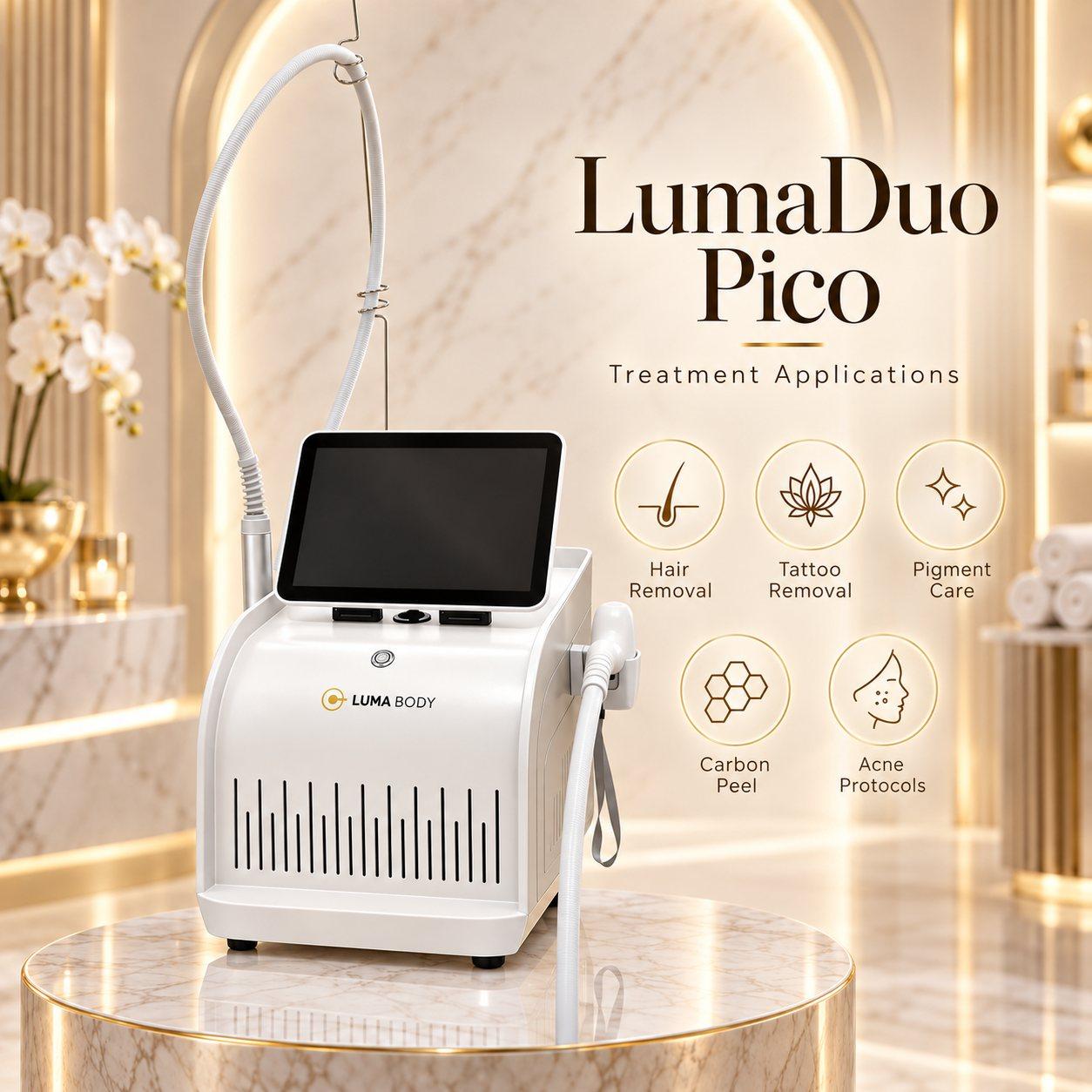 LumaDuo Pico treatment applications - hair removal, tattoo removal, pigment care, carbon peel and acne protocols