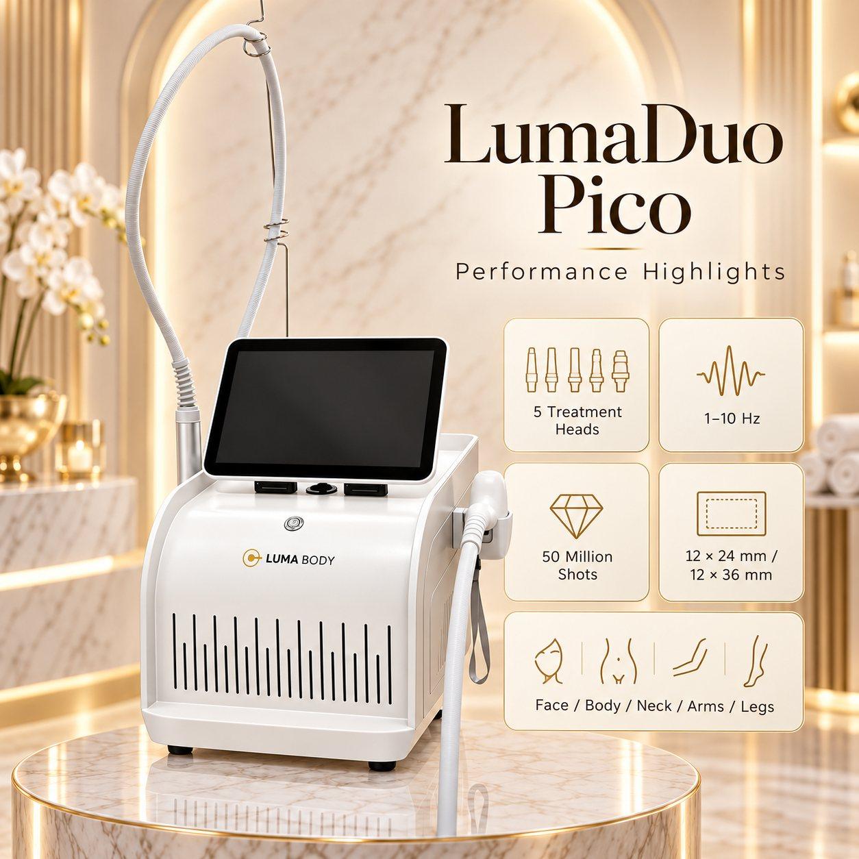 LumaDuo Pico performance - 5 treatment heads, 1-10 Hz, 12x24 and 12x36mm diode spots, face and body areas