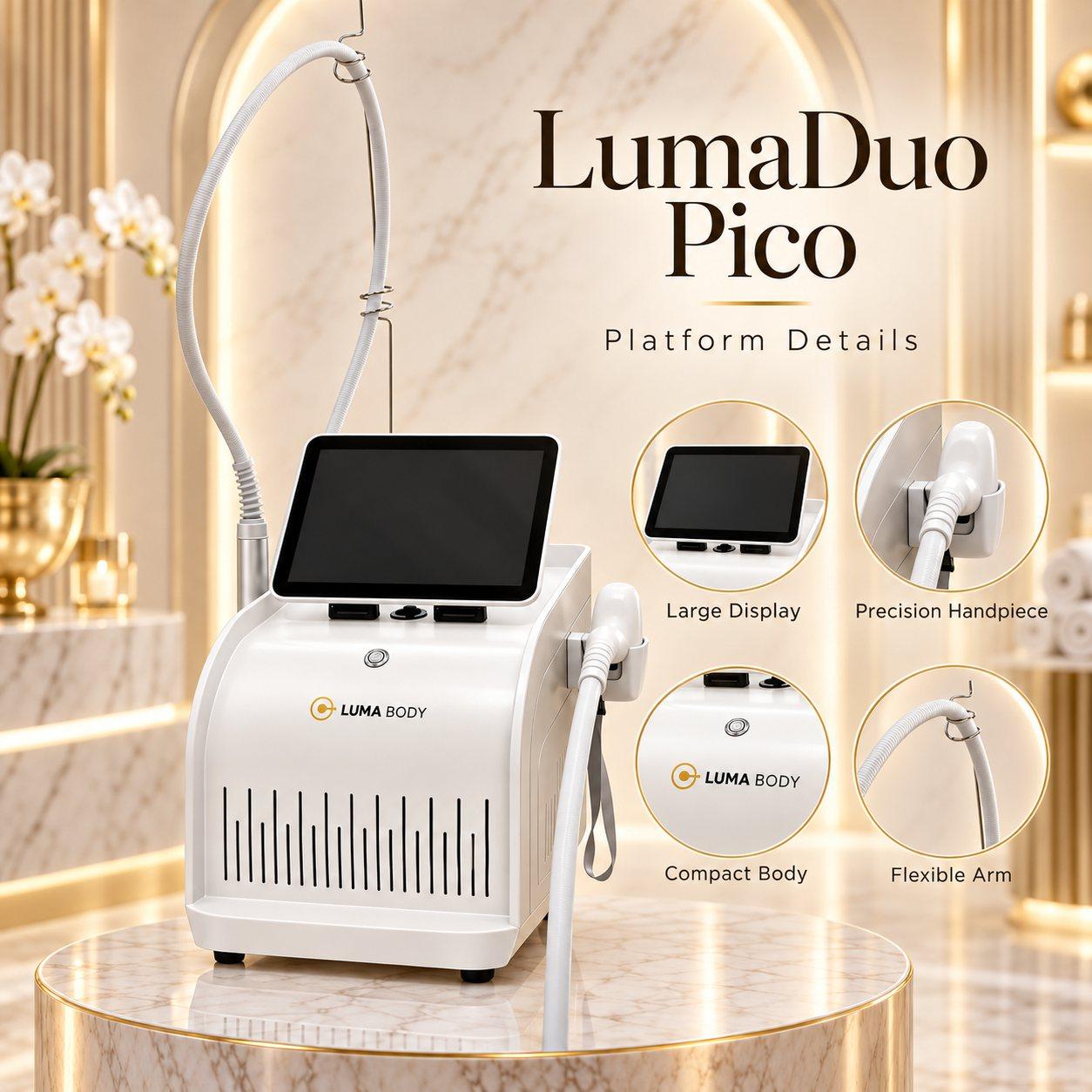 LumaDuo Pico platform details - large display, precision handpiece, compact body and flexible arm