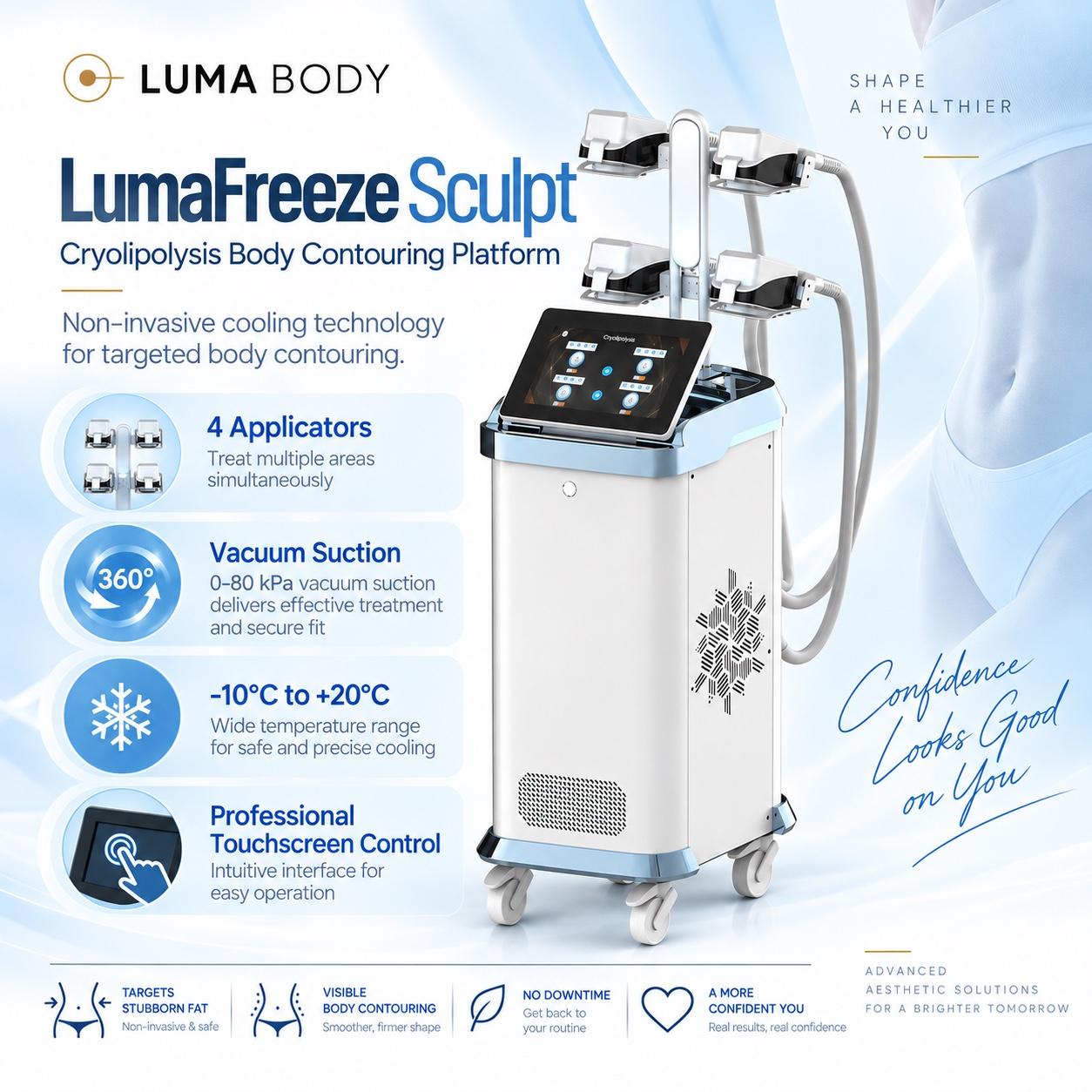 LumaFreeze Sculpt cryolipolysis body contouring platform with four applicators, 0-80 kPa vacuum suction and a -10C to +20C range