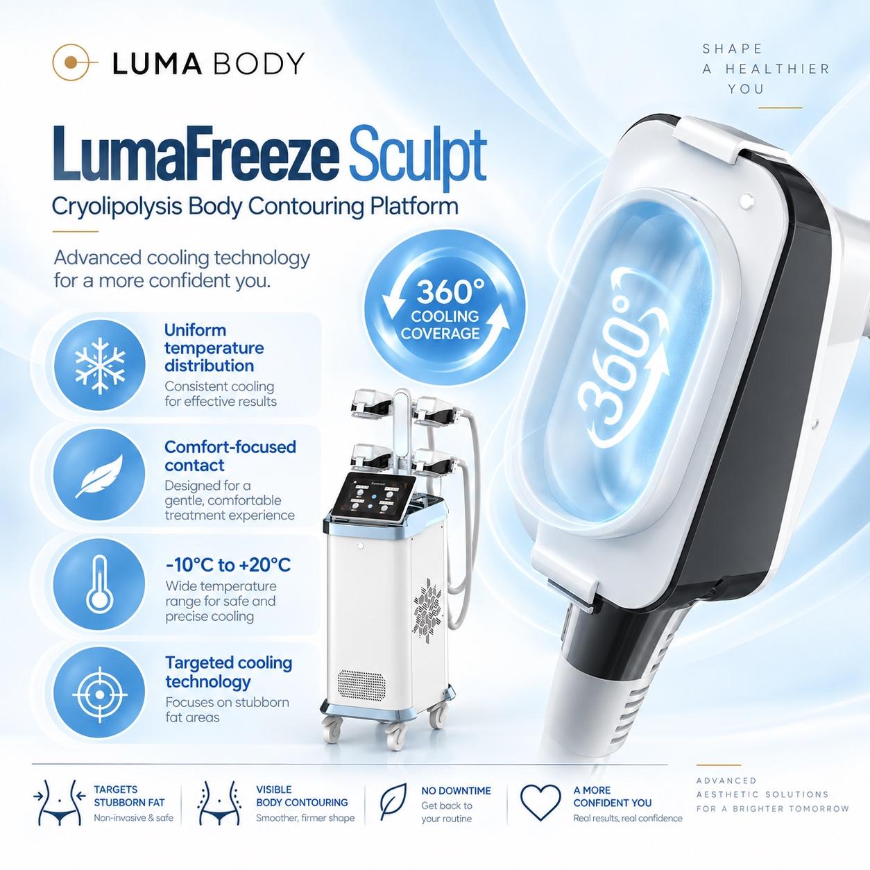 LumaFreeze Sculpt 360-degree cooling applicator with a -10C to +20C temperature range for uniform fat cooling