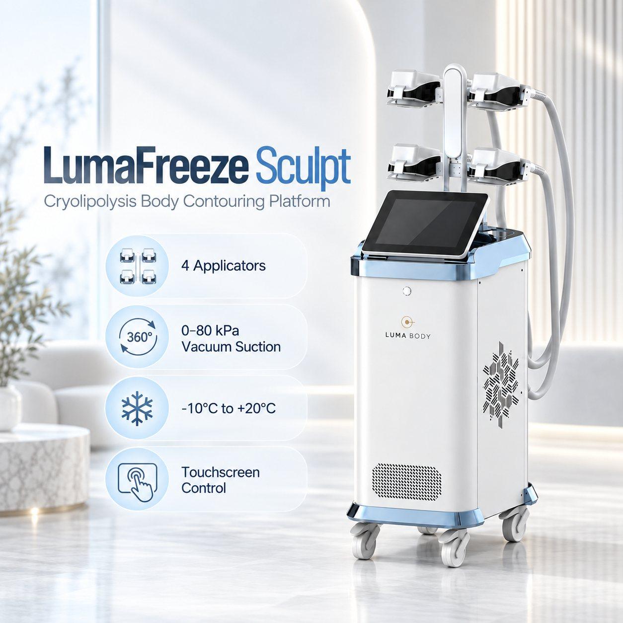 LumaFreeze Sculpt specs - four applicators, 0-80 kPa vacuum, -10C to +20C and touchscreen control