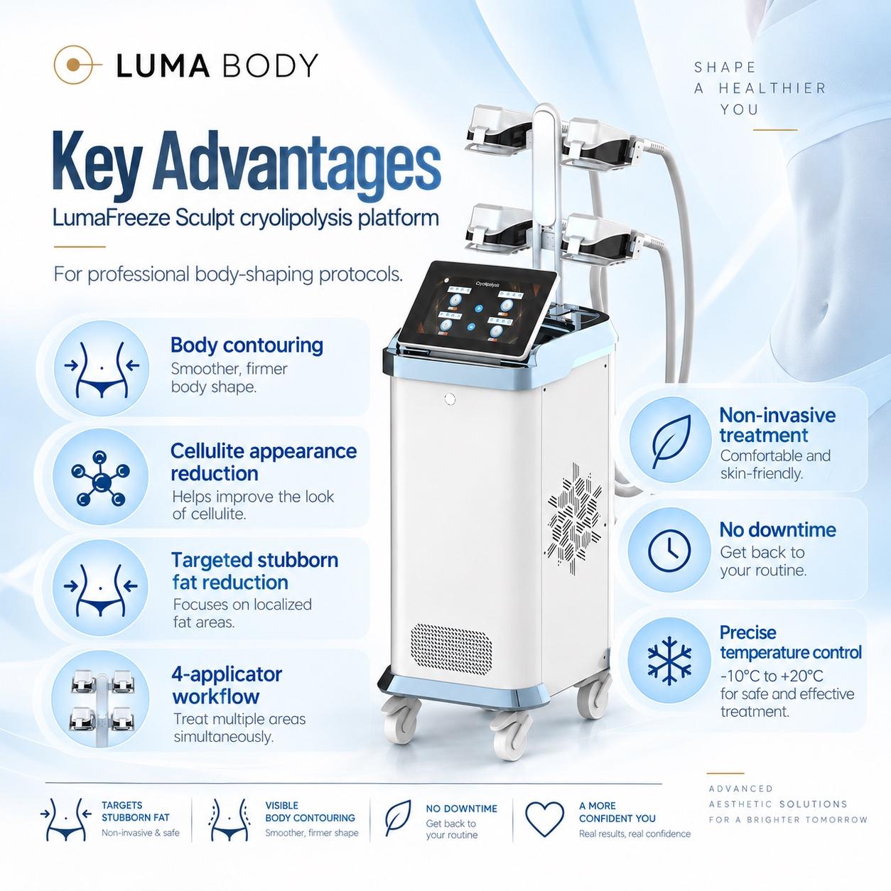 LumaFreeze Sculpt advantages - body contouring, cellulite appearance reduction, targeted fat reduction and a four-applicator workflow