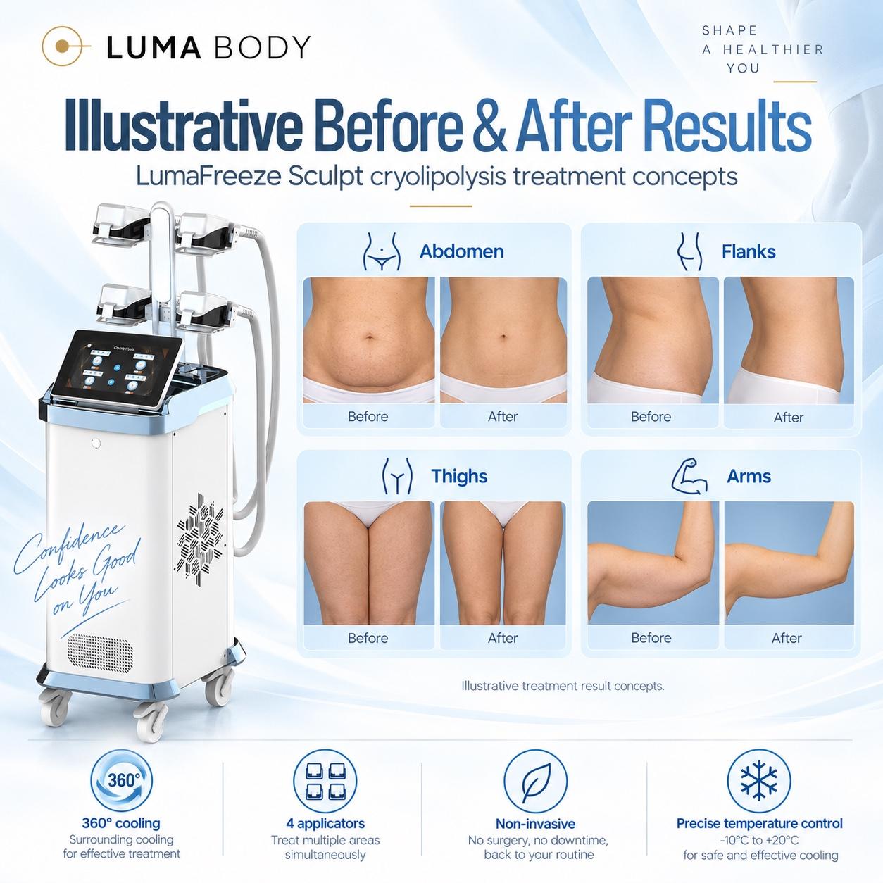 LumaFreeze Sculpt illustrative before and after examples - abdomen, flanks, thighs and arms