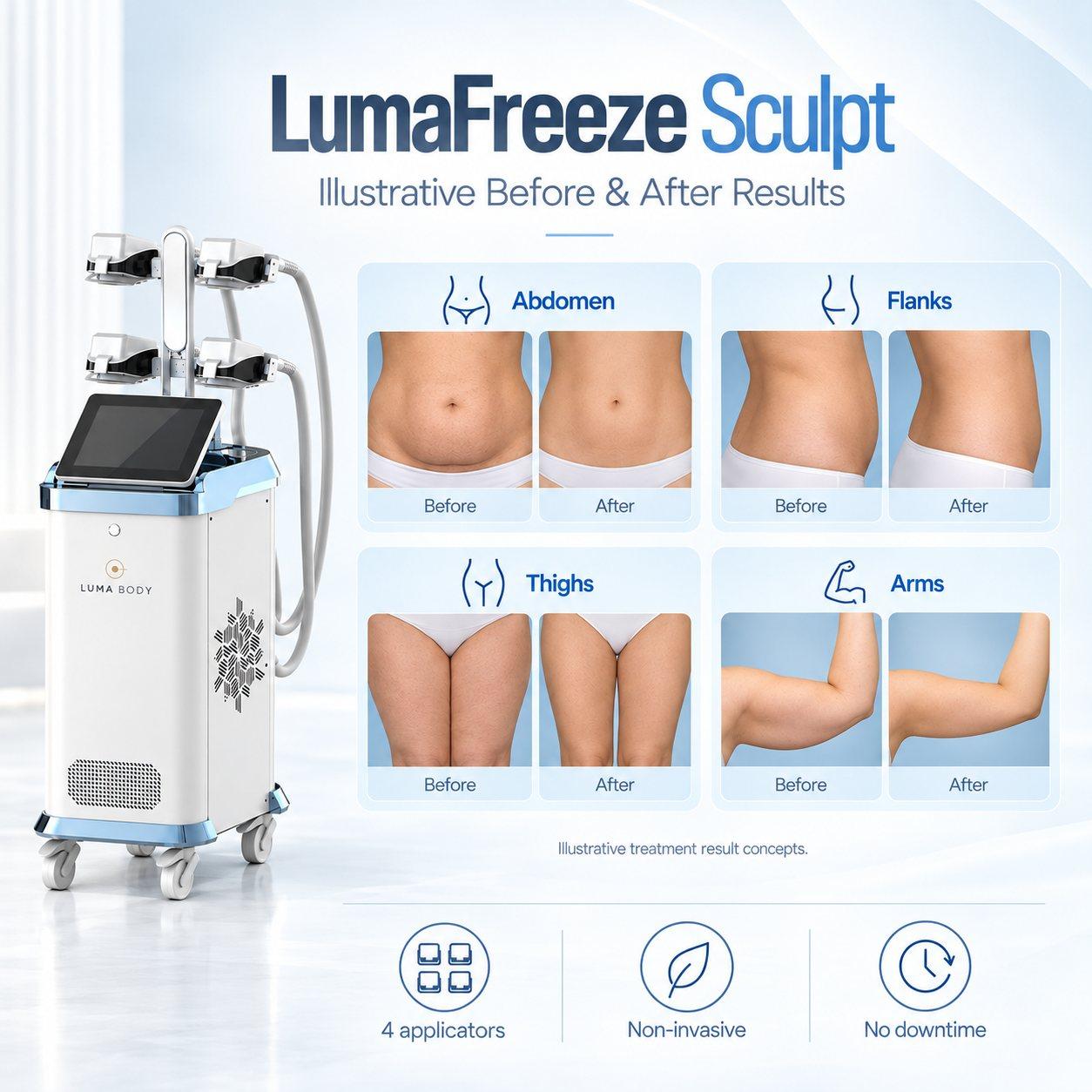 LumaFreeze Sculpt illustrative before and after results on abdomen, flanks, thighs and arms