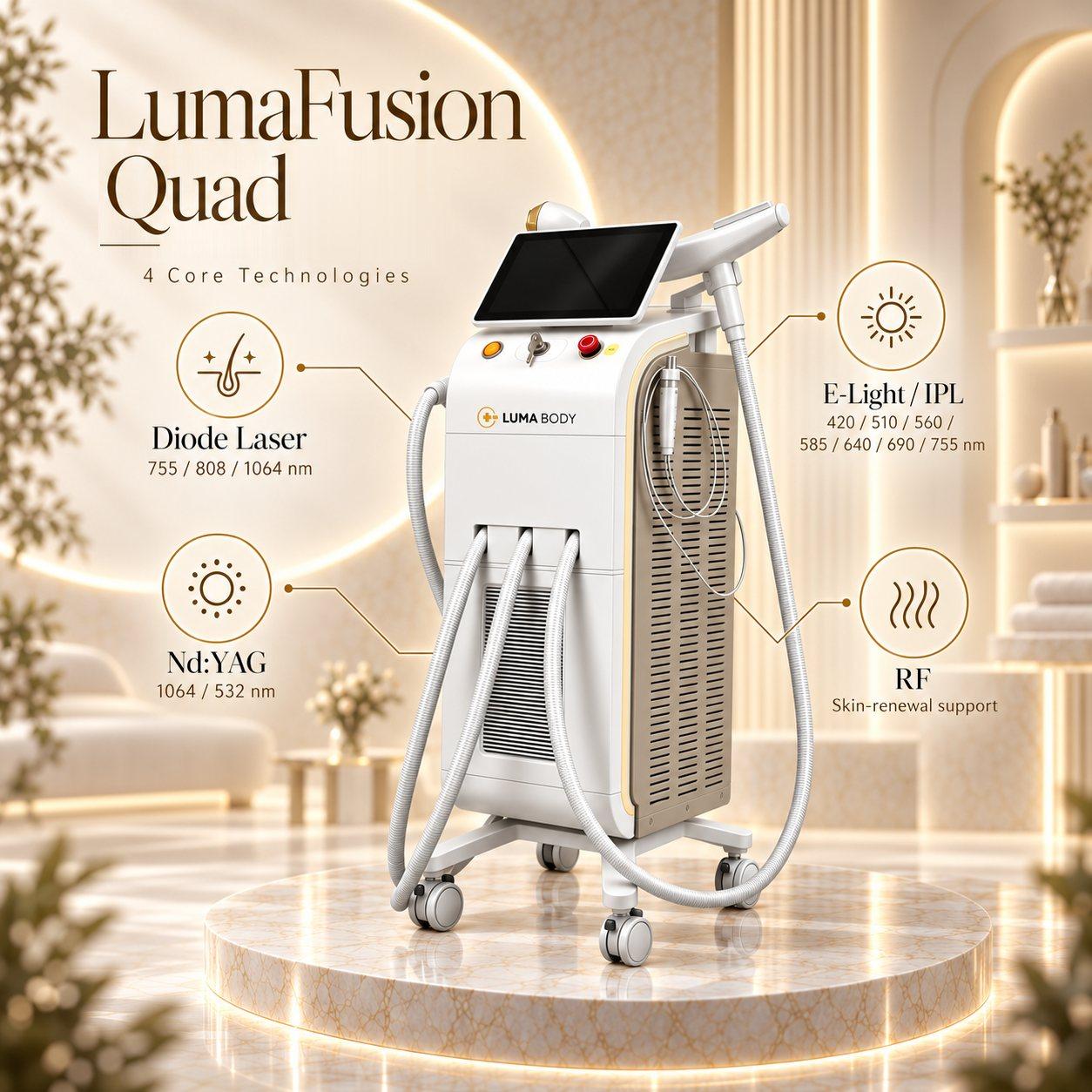 LumaFusion Quad four core technologies - diode laser 755/808/1064nm, E-light IPL, Nd:YAG 1064/532nm and RF