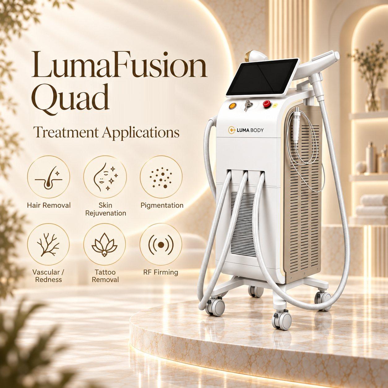LumaFusion Quad treatments - hair removal, skin rejuvenation, pigmentation, vascular redness, tattoo removal and RF firming