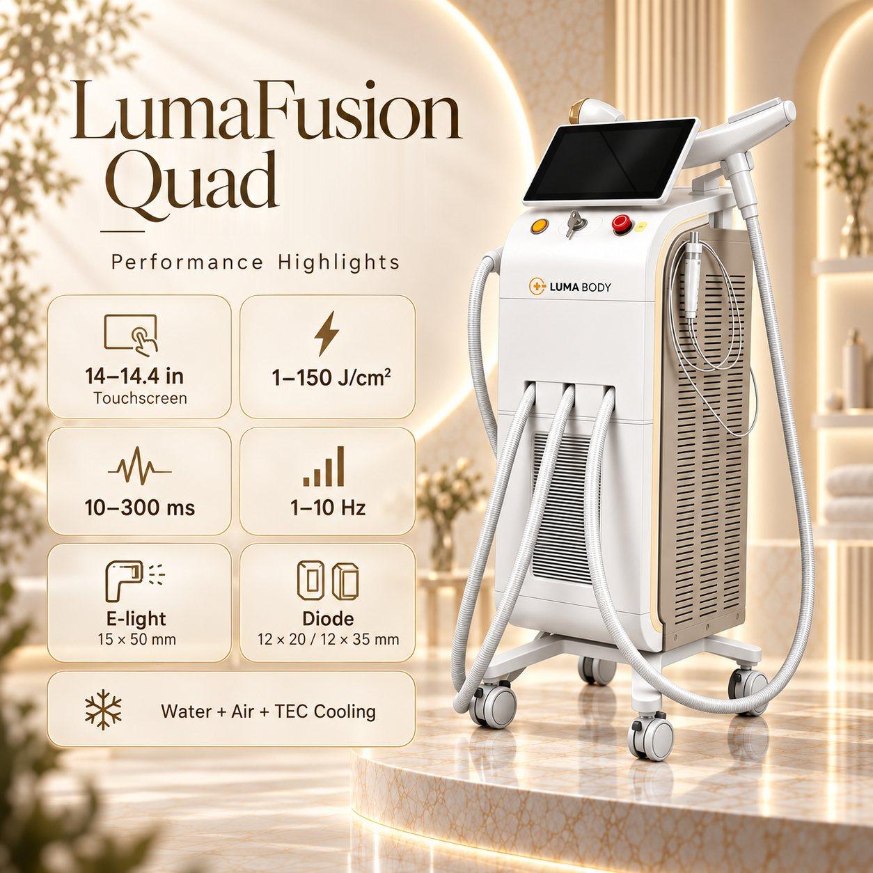 LumaFusion Quad performance - 14.4-inch touchscreen, 1-150 J/cm2, 10-300 ms, 1-10 Hz, 15x50mm E-light, water, air and TEC cooling