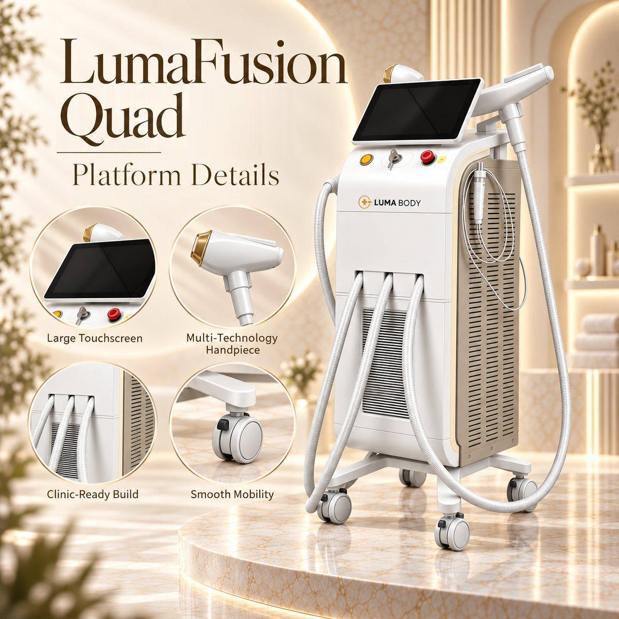 LumaFusion Quad platform details - large touchscreen, multi-technology handpiece, clinic-ready build and smooth mobility