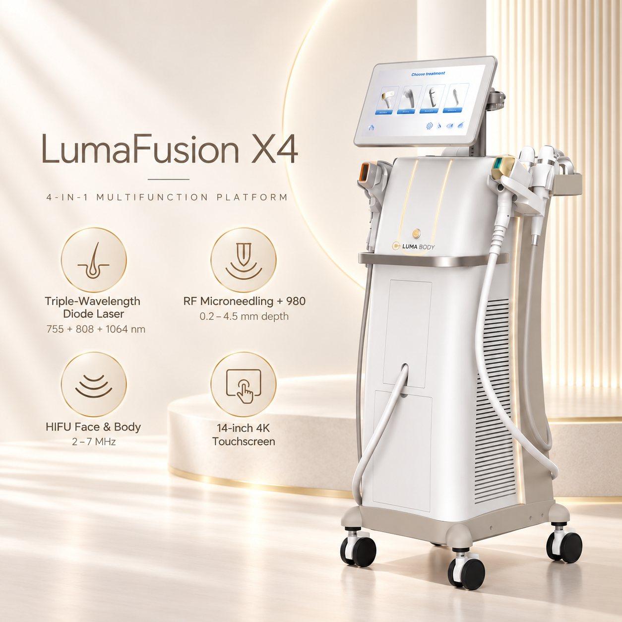 LumaFusion X4 multifunction platform - triple-wavelength diode, RF microneedling with 980, HIFU face and body, 14-inch 4K touchscreen