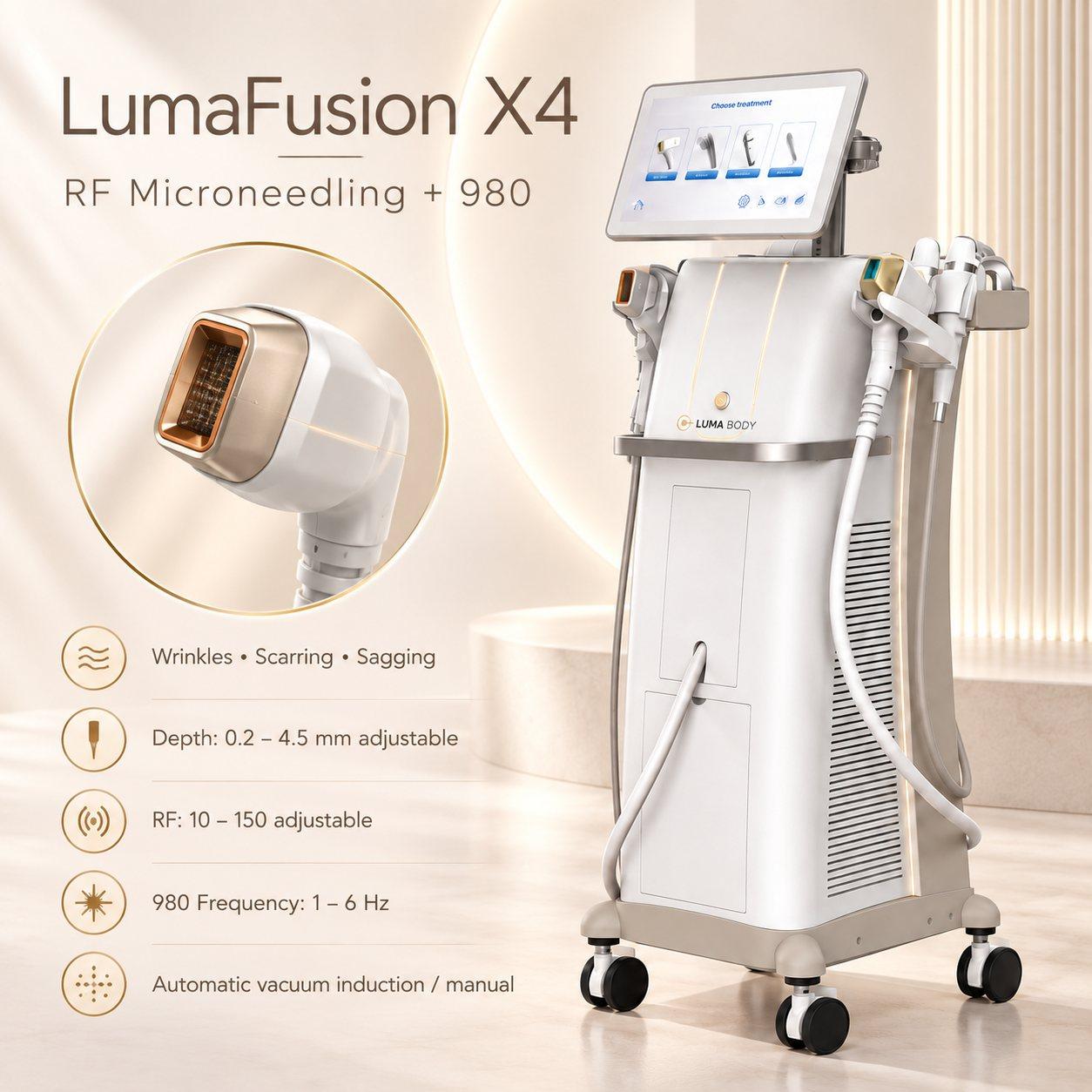 LumaFusion X4 RF microneedling with 980nm - 0.2-4.5mm depth, RF 10-150, 980nm at 1-6 Hz, vacuum or manual insertion