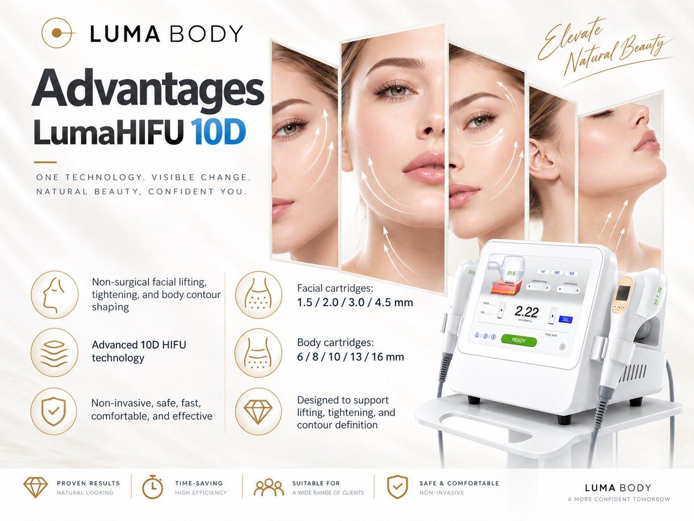 LumaHIFU 10D cartridge depths from 1.5mm to 16mm for face and body