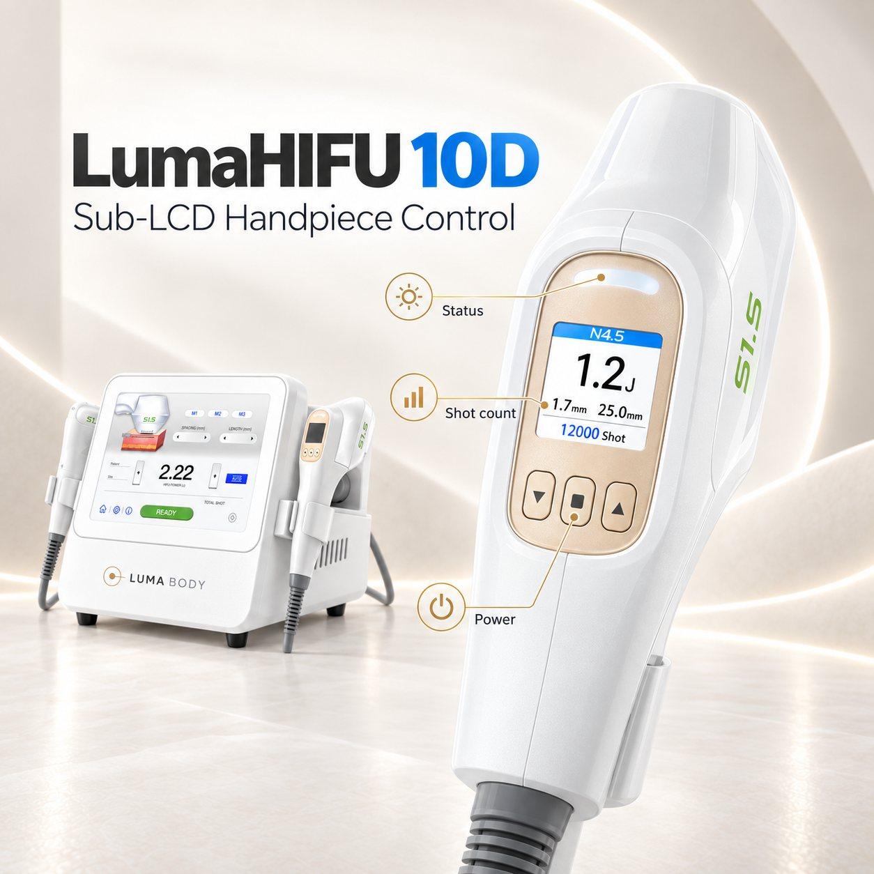 LumaHIFU 10D handpiece with sub-LCD showing status and shot count