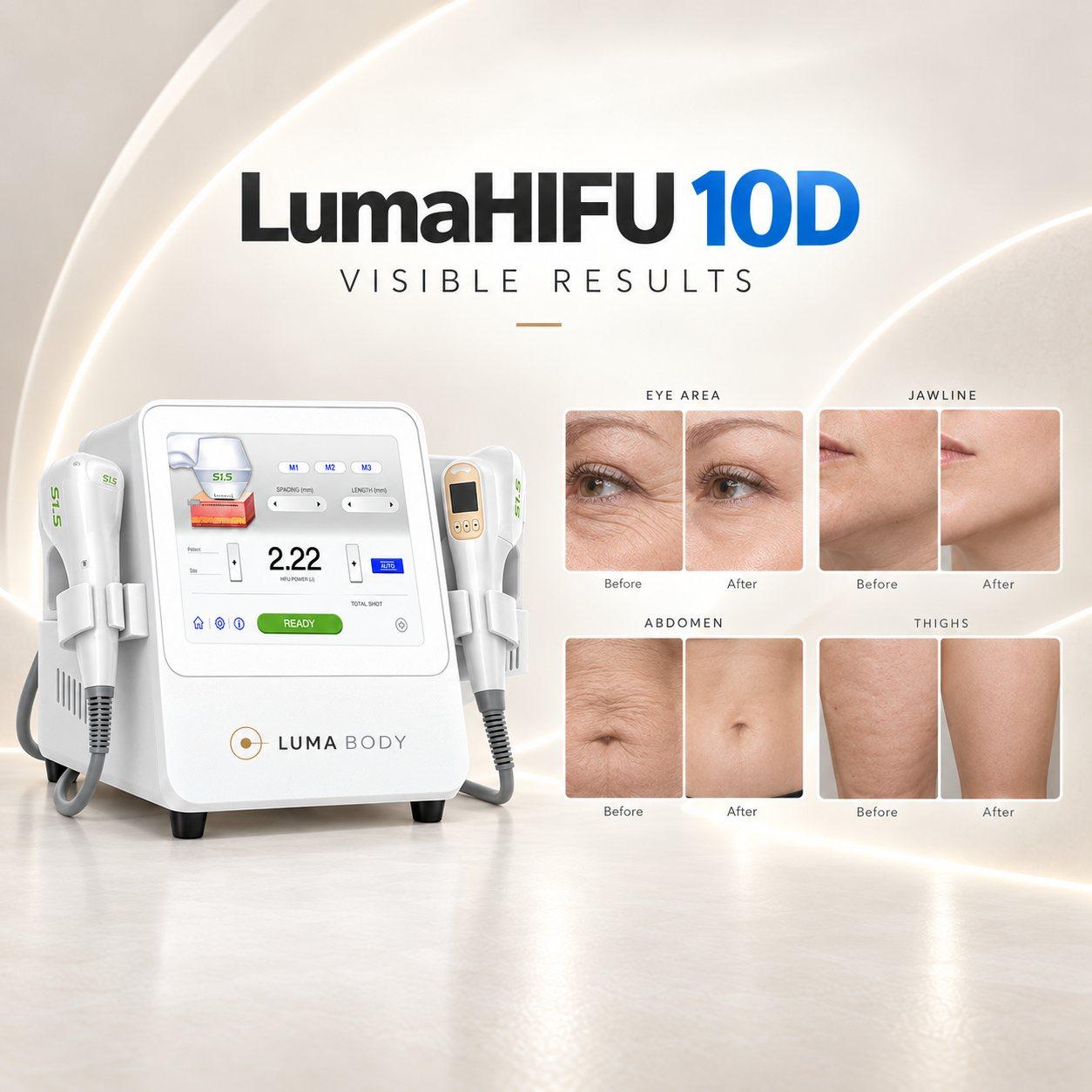 LumaHIFU 10D illustrative results on eye area, jawline, abdomen and thighs