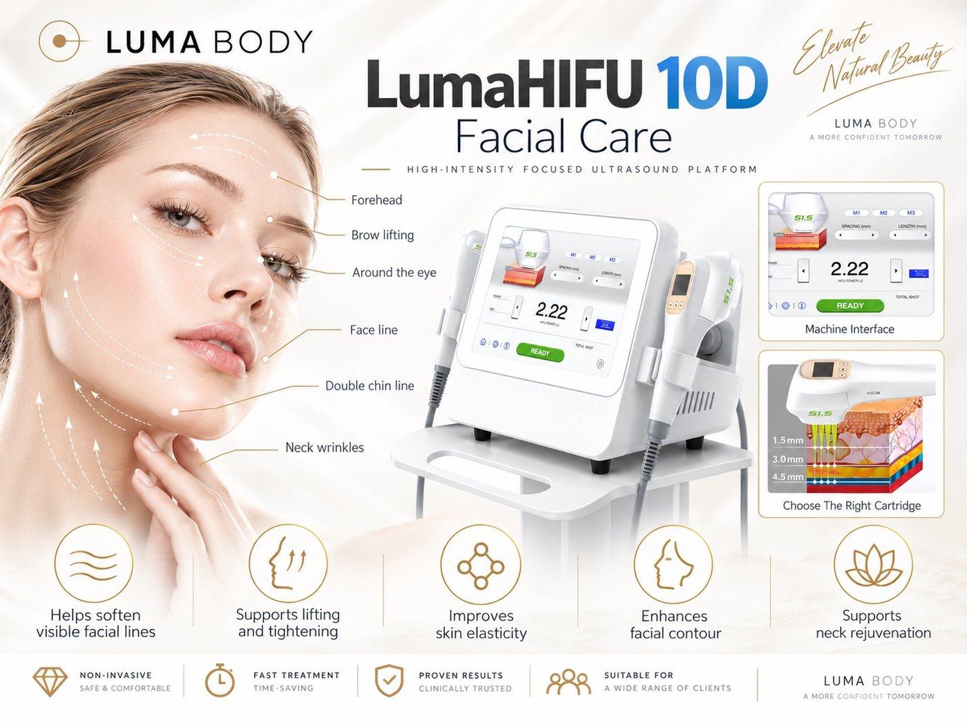 LumaHIFU 10D facial treatment zones - forehead, brow, eyes, cheeks, jawline and neck