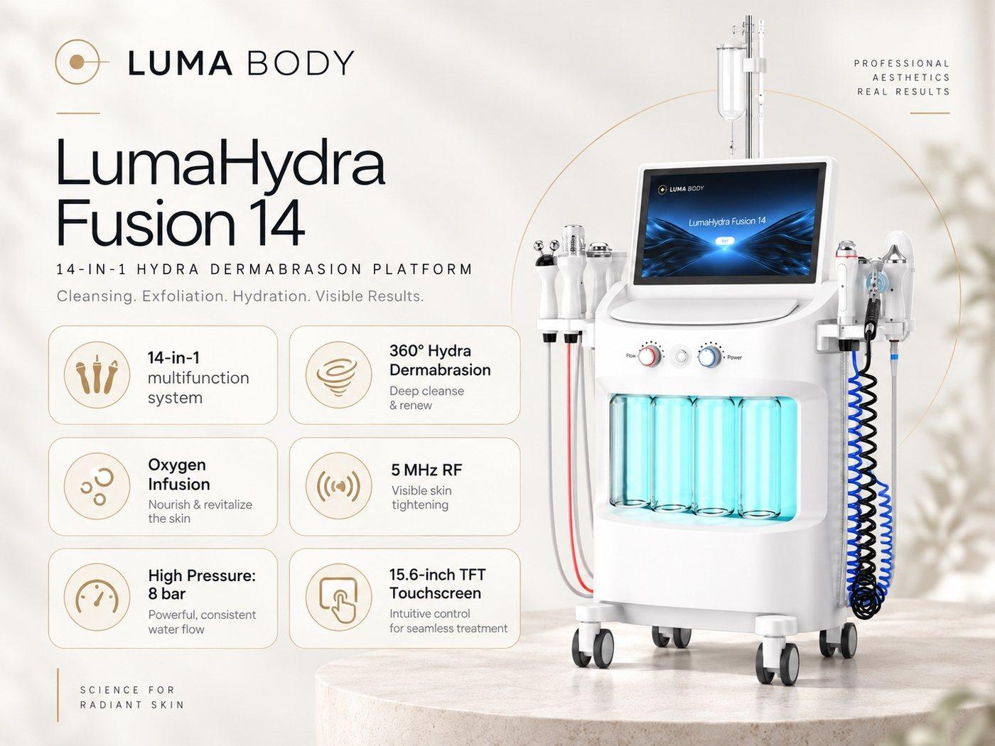 LumaHydra Fusion 14 specs - 14-in-1 system, 360-degree hydra dermabrasion, oxygen infusion, 8 bar pressure, 5 MHz RF and 15.6-inch touchscreen