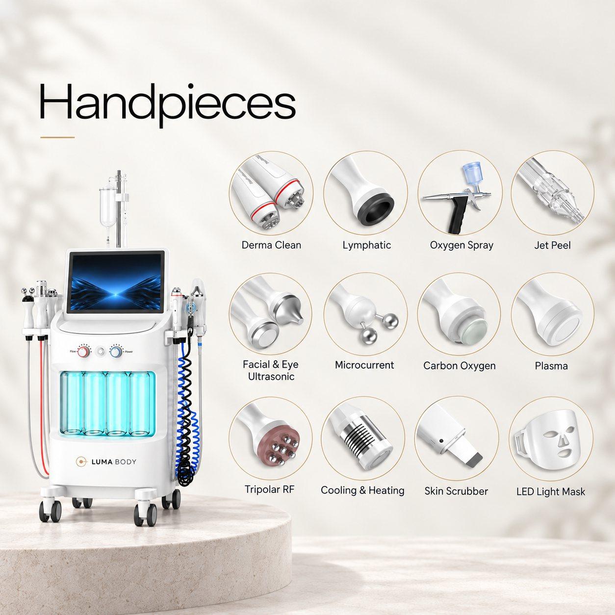LumaHydra Fusion 14 handpieces - derma clean, lymphatic, oxygen spray, jet peel, ultrasonic, microcurrent, carbon oxygen, plasma, tripolar RF, cooling and heating, skin scrubber and LED mask