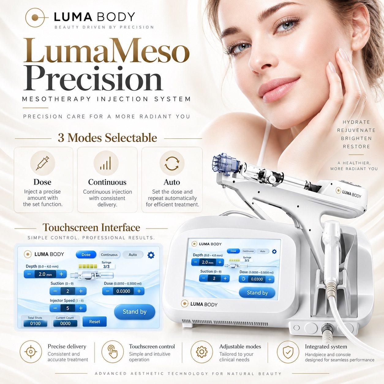 LumaMeso Precision three injection modes - dose, continuous and auto - with touchscreen interface