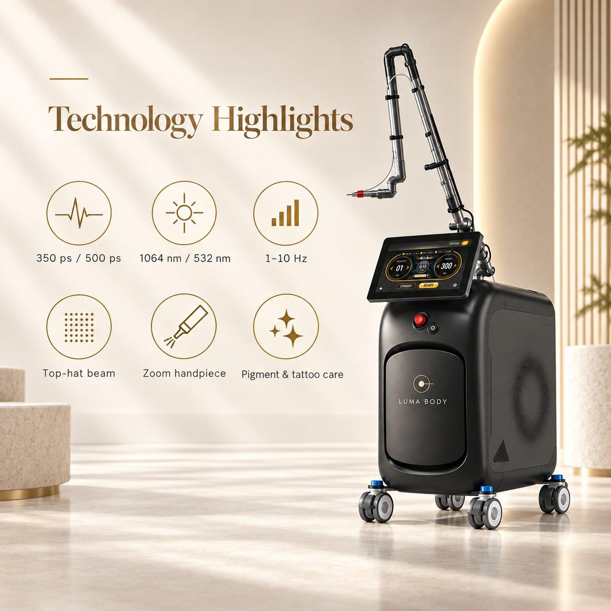 LumaPico Elite technology - 350ps and 500ps pulses, 1064nm and 532nm, 1-10 Hz, top-hat beam and zoom handpiece