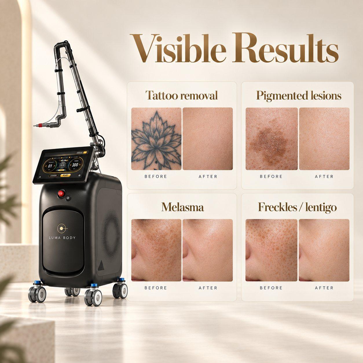 LumaPico Elite illustrative before and after - tattoo removal, pigmented lesions, melasma and freckles