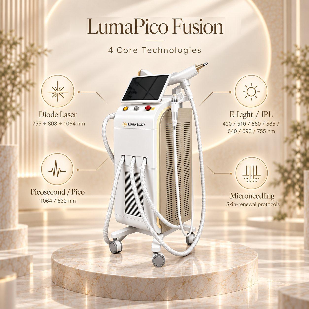 LumaPico Fusion four core technologies - diode laser, E-light IPL, pico and microneedling