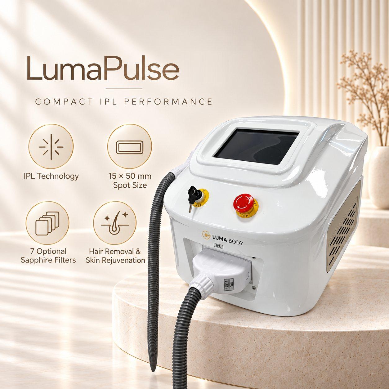 LumaPulse IPL - IPL technology, 15x50mm spot, 7 optional sapphire filters, hair removal and skin rejuvenation