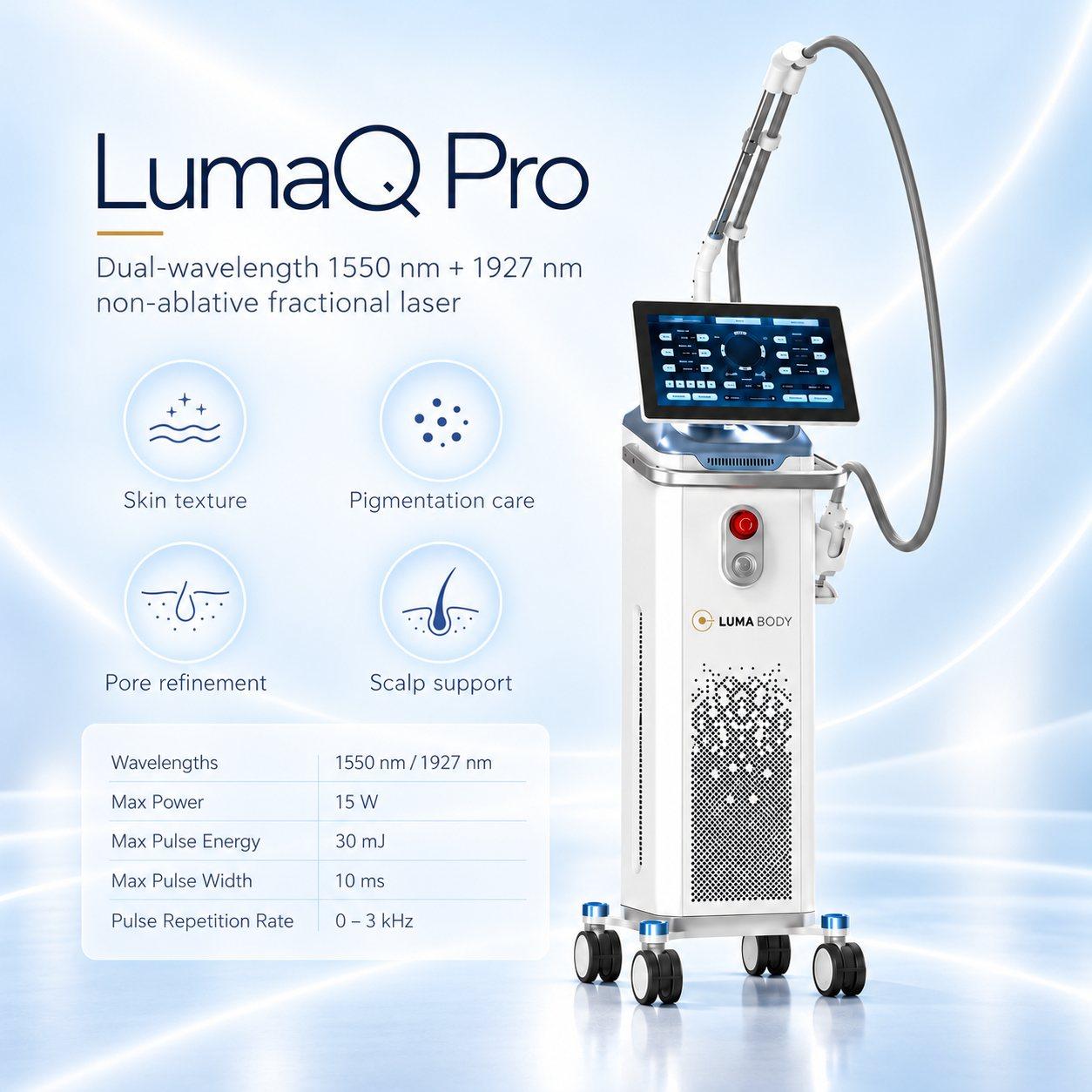 LumaQ Pro specs - 1550nm and 1927nm, 15W, 30 mJ, 10 ms pulse width, 0-3 kHz