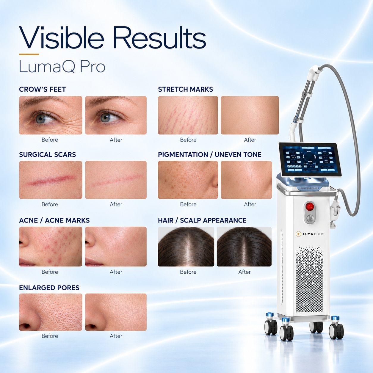 LumaQ Pro illustrative before and after - crow's feet, stretch marks, scars, pigmentation, acne marks and scalp