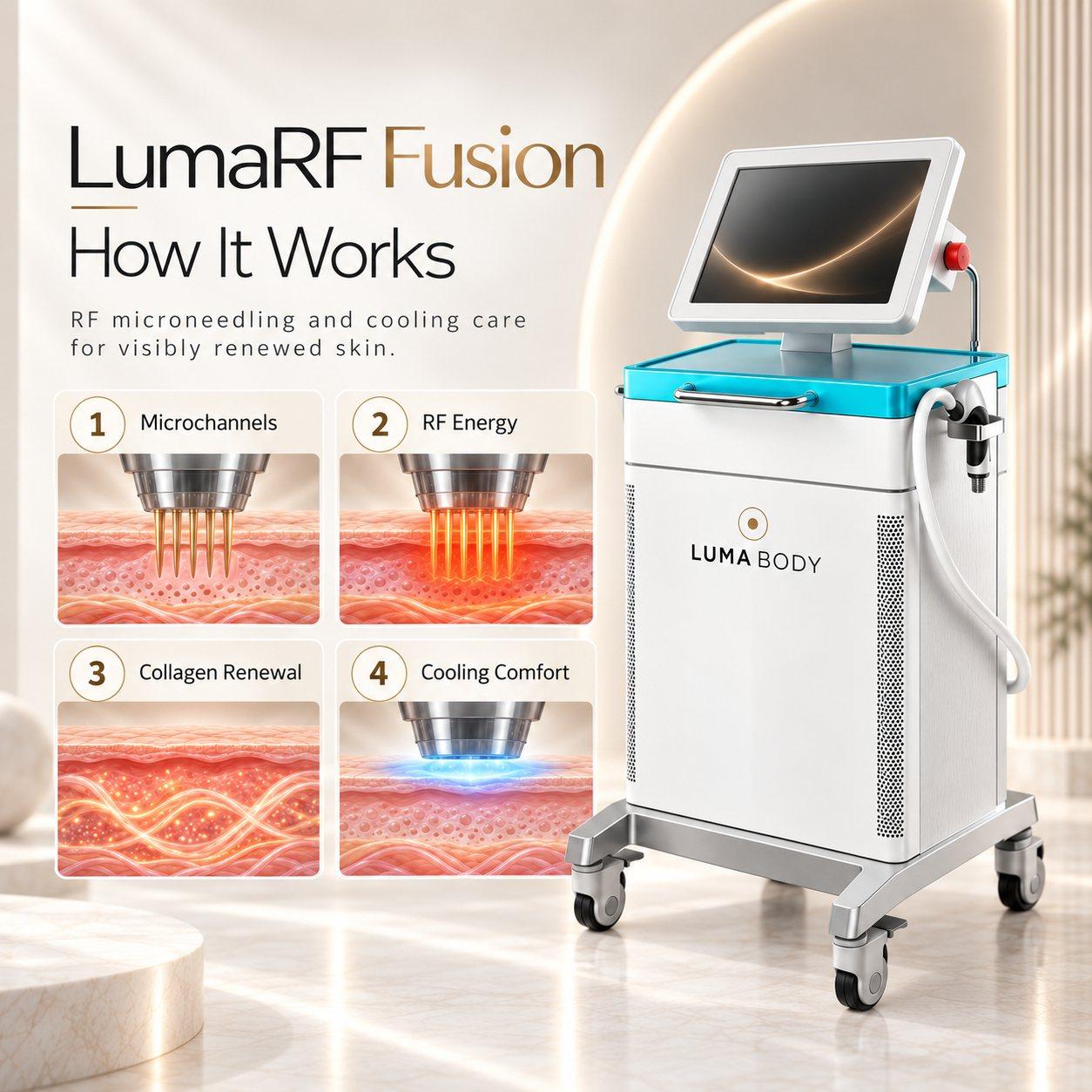 How LumaRF Fusion works - microchannels, RF energy, collagen renewal and cooling comfort