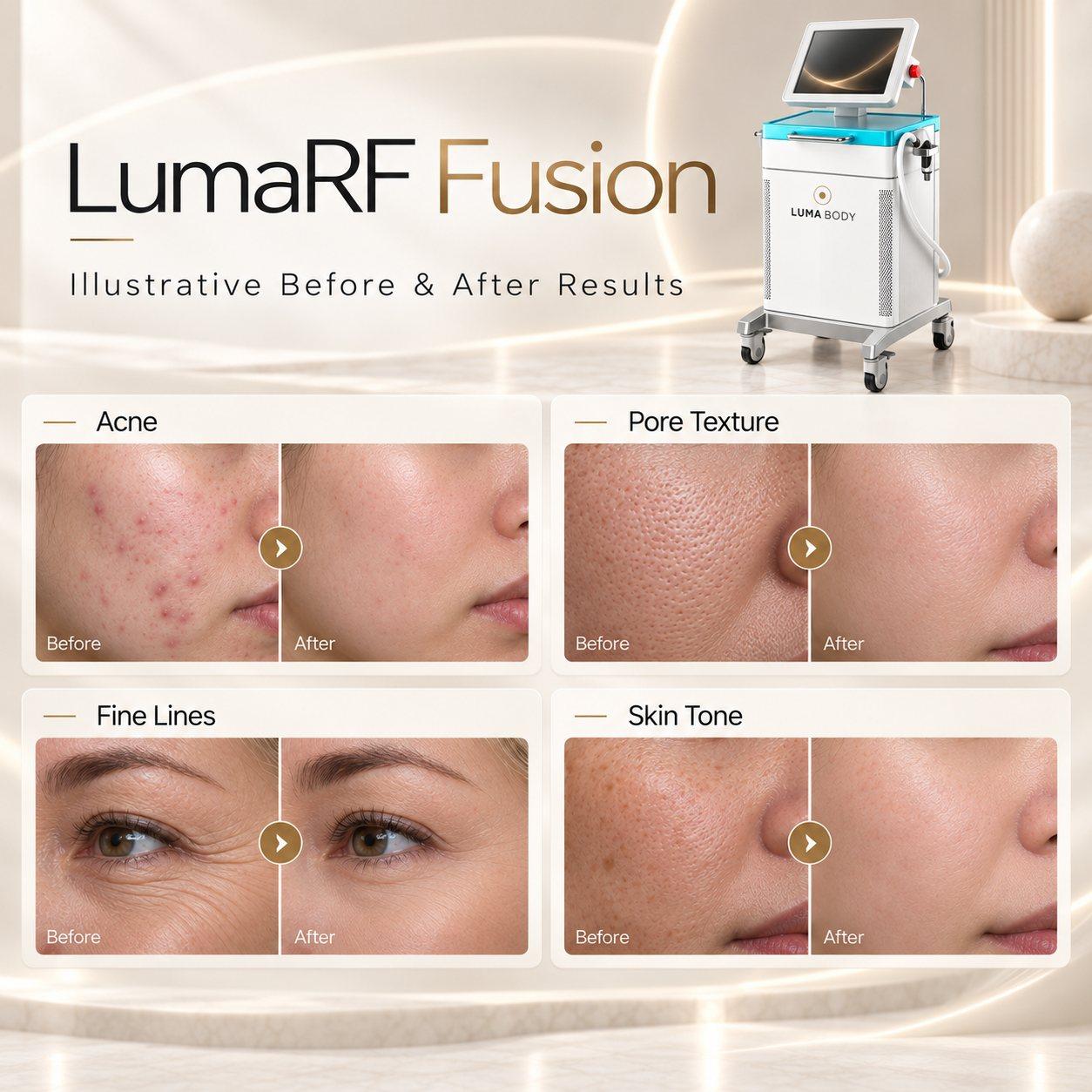 LumaRF Fusion illustrative before and after - acne, pore texture, fine lines and skin tone