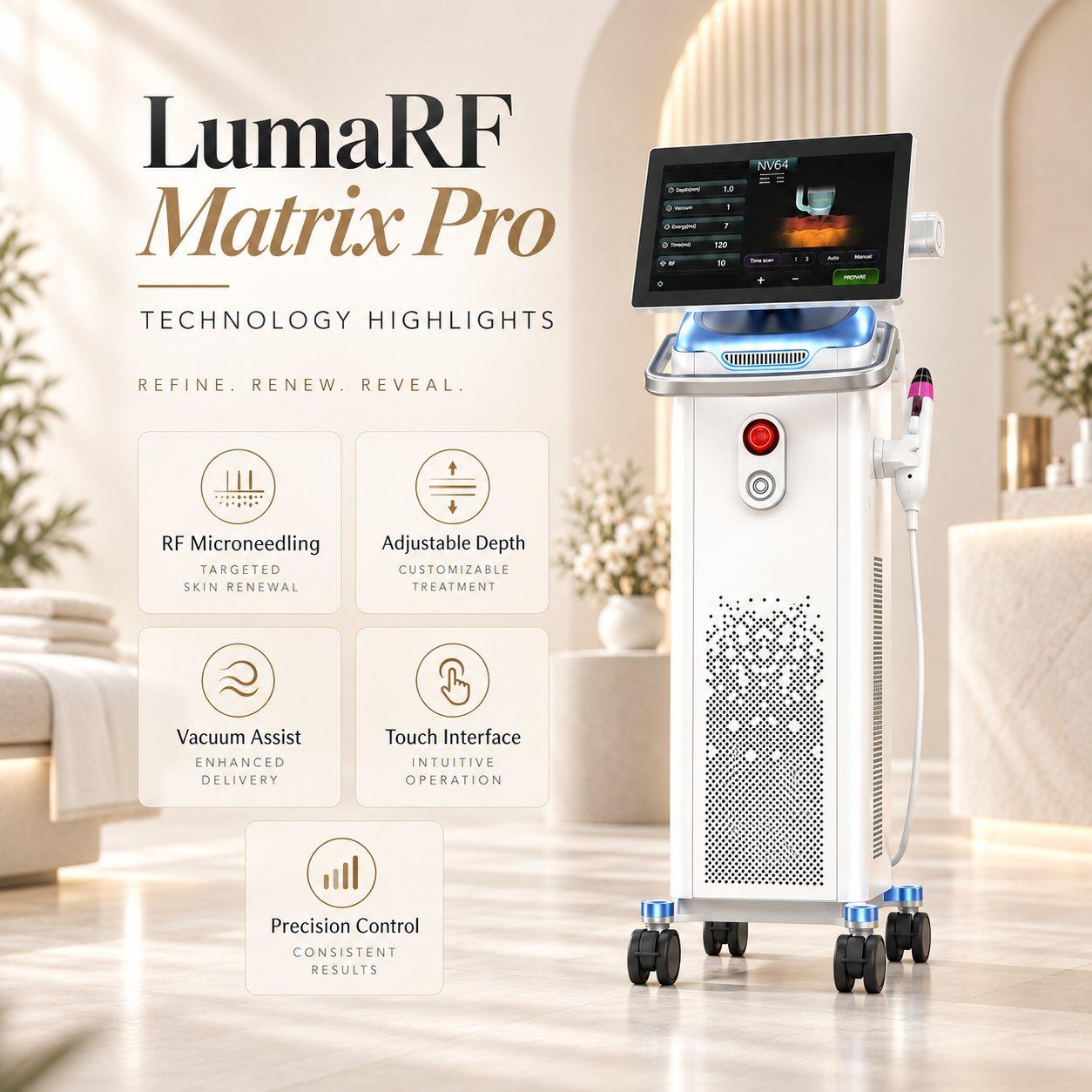 LumaRF Matrix Pro technology - RF microneedling, adjustable depth, vacuum assist, touch interface and precision control