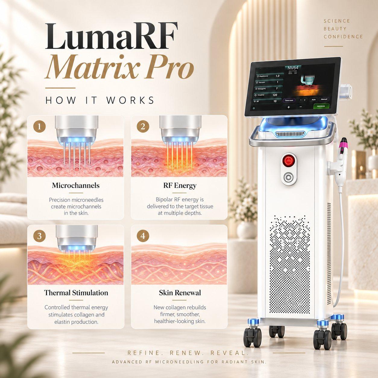 How LumaRF Matrix Pro works - microchannels, RF energy, thermal stimulation and skin renewal