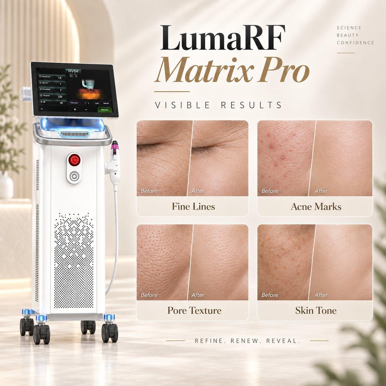 LumaRF Matrix Pro illustrative results - fine lines, acne marks, pore texture and skin tone