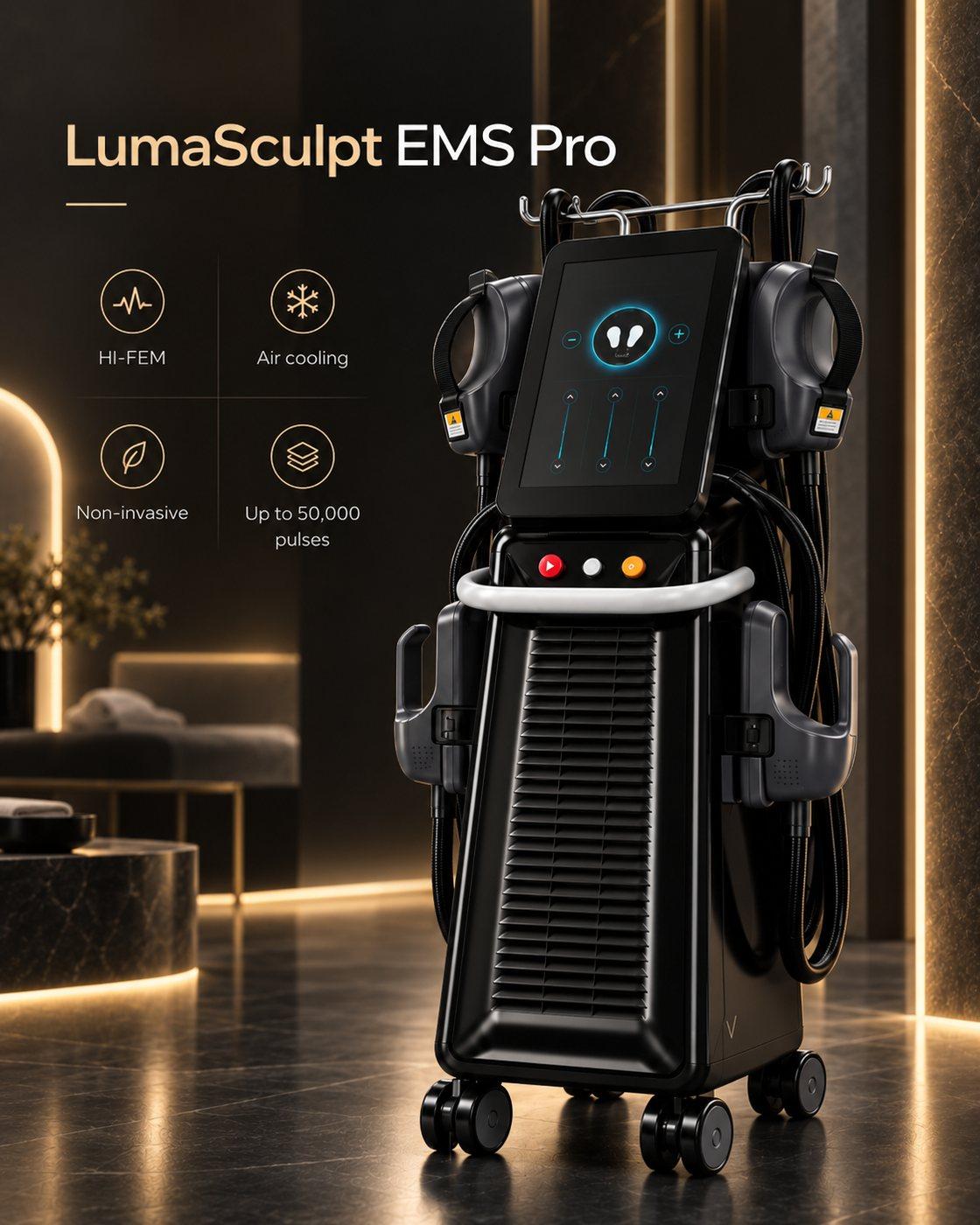 LumaSculpt EMS Pro HIFEM with air cooling and up to 50,000 pulses per session