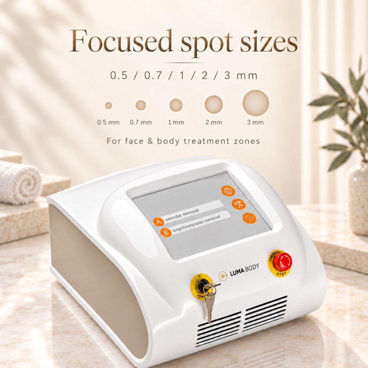 LumaVasc 980 spot sizes 0.5, 0.7, 1, 2 and 3mm for face and body treatment zones