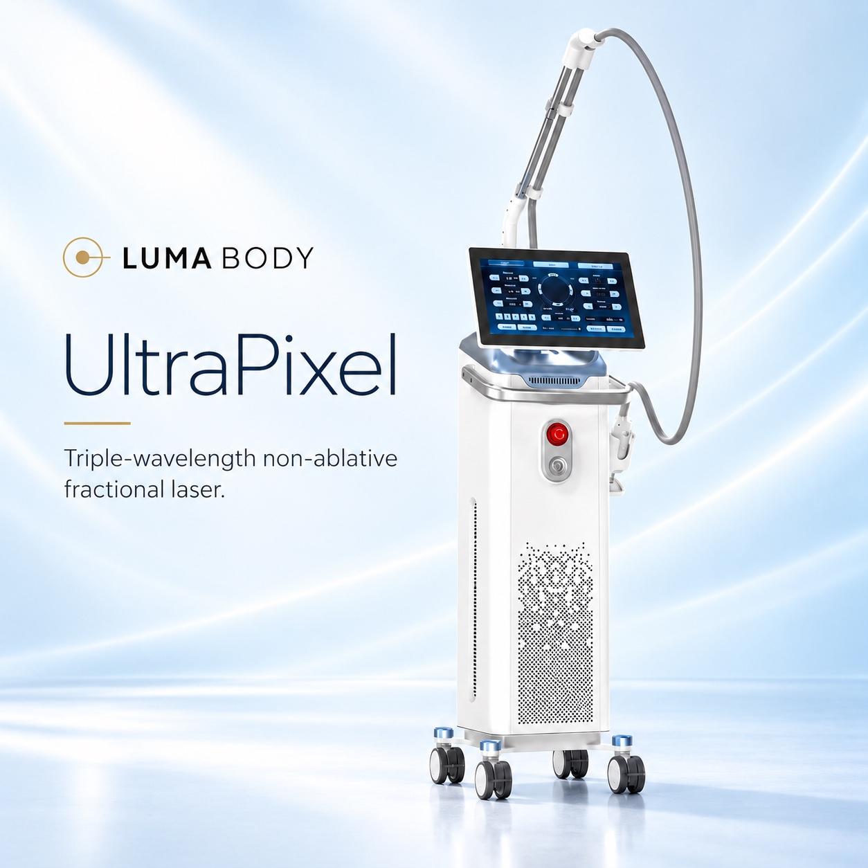 UltraPixel non-ablative fractional resurfacing laser, front view with articulated arm and touchscreen console