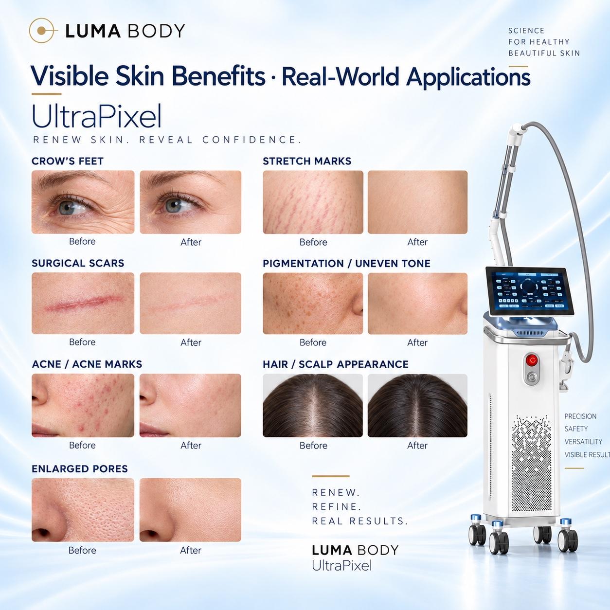 UltraPixel illustrative before and after examples - crow's feet, surgical scars, acne marks, enlarged pores, stretch marks and pigmentation